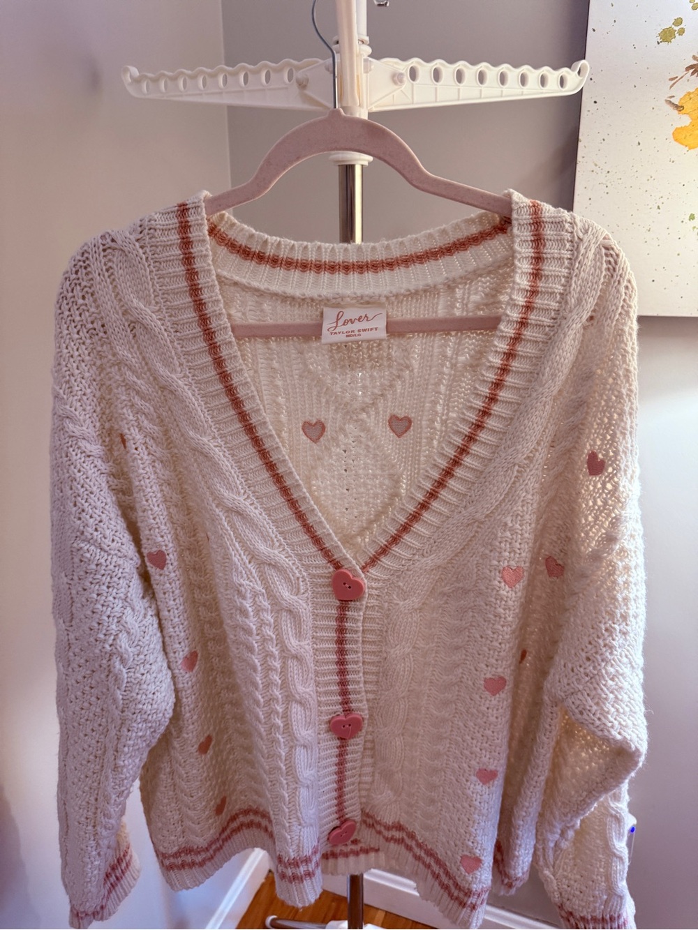 Taylor Swift Cream Cable Knit Cardigan with Pink Hearts